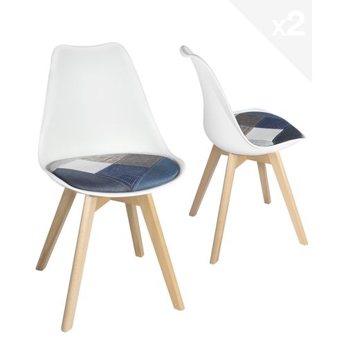 Lot 2 Chaises Scandinaves Coussin Tissu Patchwork Rembourré Pieds Bois Clair Lao (bleu)