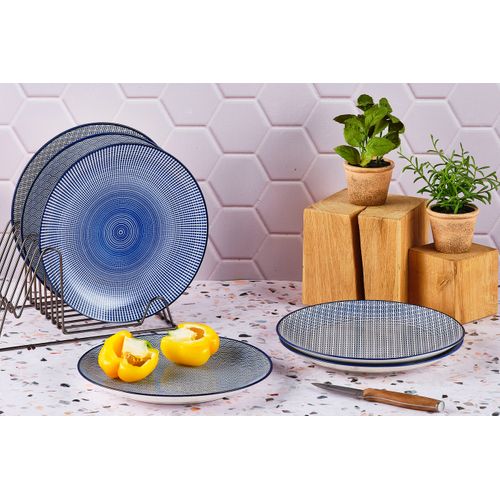 Lot De 6 Assiettes Plates En Porcelaine Bleu D26