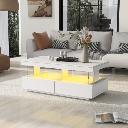 Table Basse Avec LED - 2 Tiroirs Et 2 Compartiments - Style Moderne - Blanc