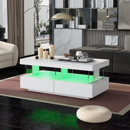 Table Basse Avec LED - 2 Tiroirs Et 2 Compartiments - Style Moderne - Blanc