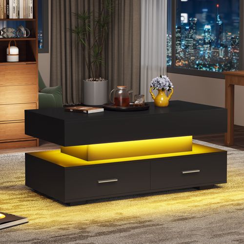 Table Basse Réglable En Hauteur Avec LED - 2 Tiroirs - Contrôlé Par App - Noir