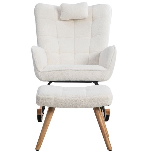 Fauteuil à Bascule、rocking Chair En Tissu Bouclette - Avec Oreiller Et Repose-pieds - Blanc