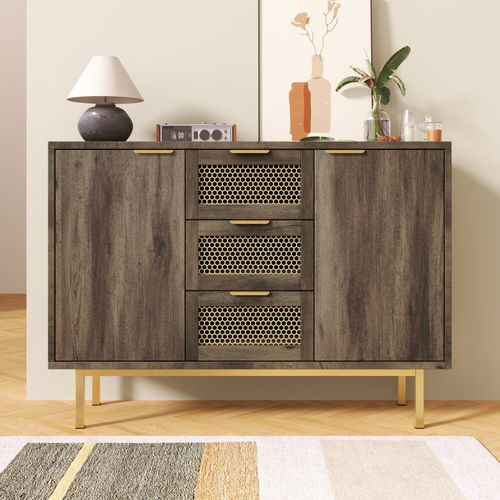 Commode Avec 3 Tiroirs Et Étagères Réglables - Poignées En Métal - Marron