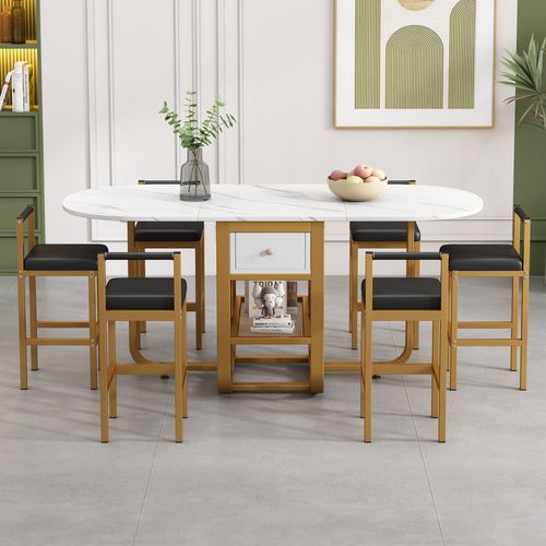 Ensemble Table Et 6 Chaises - Table Extensible Avec Tiroirs - Chaises Similicuir - Blanc/doré