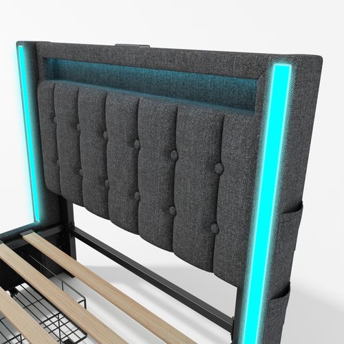 Lit Avec 2 Tiroirs 90x200cm Rembourré En Lin - Avec Fonction De Charge Et Éclairage LED - Gris