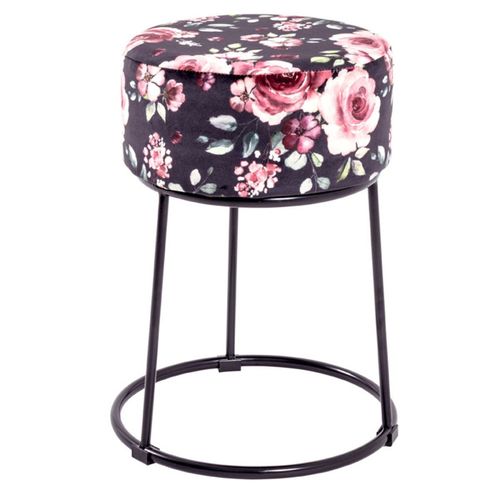 Tabouret En Velours "motif Fleurs" 46cm Noir et Rose