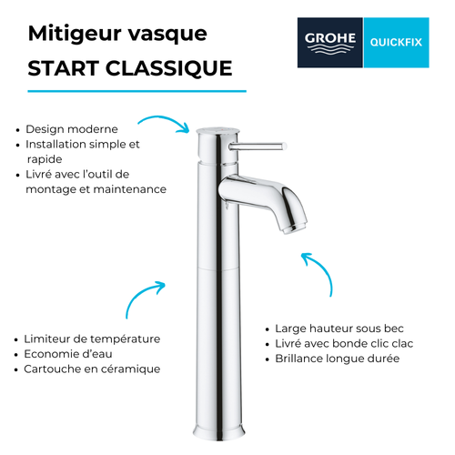 Mitigeur Vasque Grohe Quickfix Start Classic Taille XL Chromé