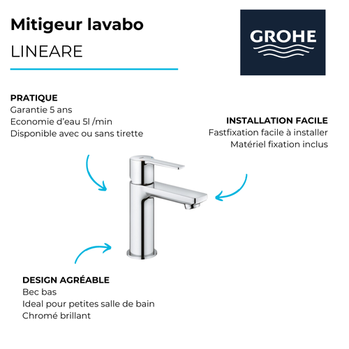 Mitigeur Lavabo Grohe Lineare Xs Sans Tirette