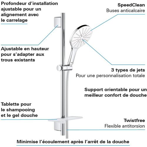 Pommeau De Douche Grohe Quickfix Vitalio Smartactive 150 3 Jets Avec Barre De Douche Et Tablette
