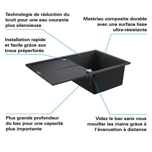 Evier Composite Avec Égouttoir K400 780 X 500 Mm - Noir Granite 31639ap0