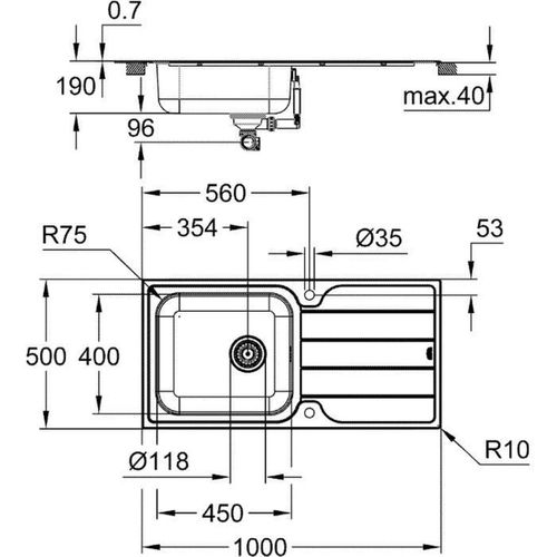 Evier 1 Cuve Avec Égouttoir Réversible En Acier Inoxydable K500