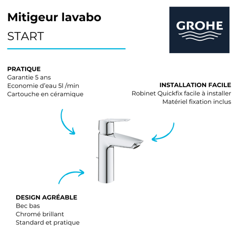 Mitigeur Lavabo Grohe Quickfix Start 2021 Avec Tirette Et Vidage Taille M