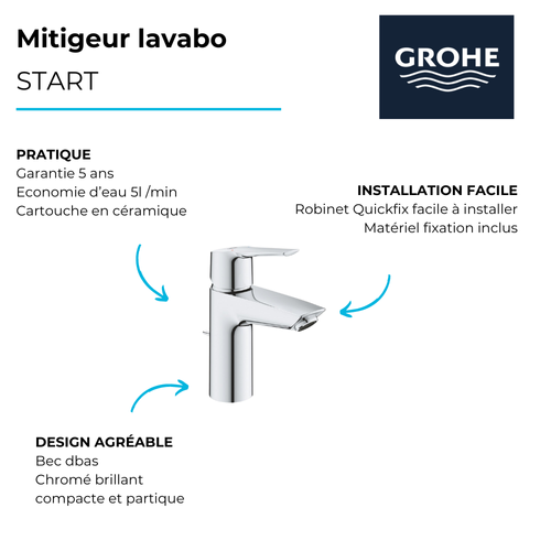 Mitigeur Lavabo Grohe Quickfix Start 2021 Avec Tirette Et Vidage Chromé Taille S
