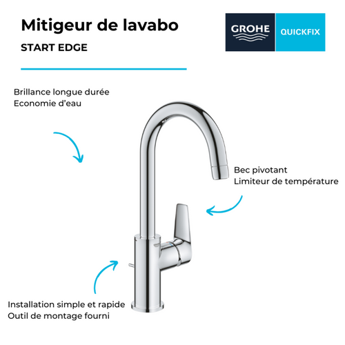 Mitigeur Lavabo Grohe Quickfix Start Edge Avec Tirette Et Vidage Taille L