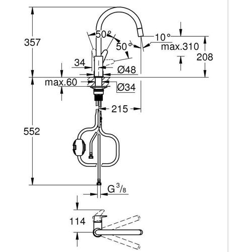 Robinet De Cuisine - Chromé - Bec Haut En C - Mousseur Extractible - Rotation 360 - Start Curve