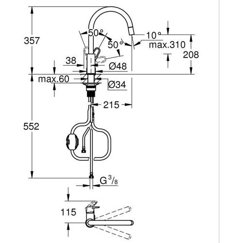 Robinet De Cuisine - Chromé - Bec Haut En C - Mousseur Extractible - Rotation 360°