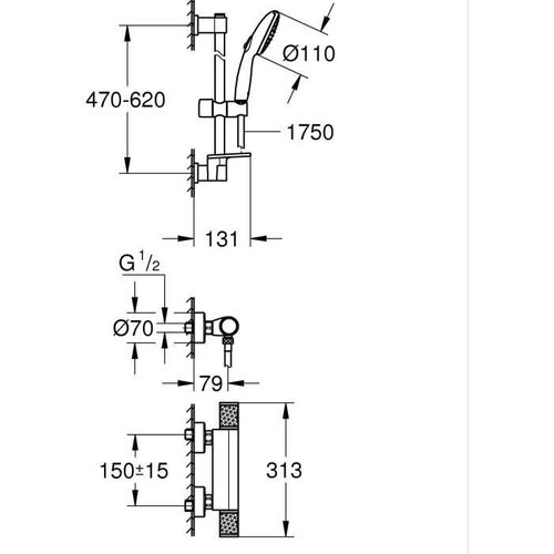 Ensemble De Douche Avec Mitigeur Thermostatique, Pommeau 3 Jets, Barre 60cm Et Flexible - 34791001