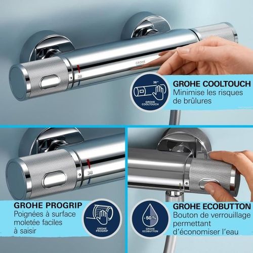 Ensemble De Douche Avec Mitigeur Thermostatique, Pommeau 3 Jets, Barre 60cm Et Flexible - 34791001