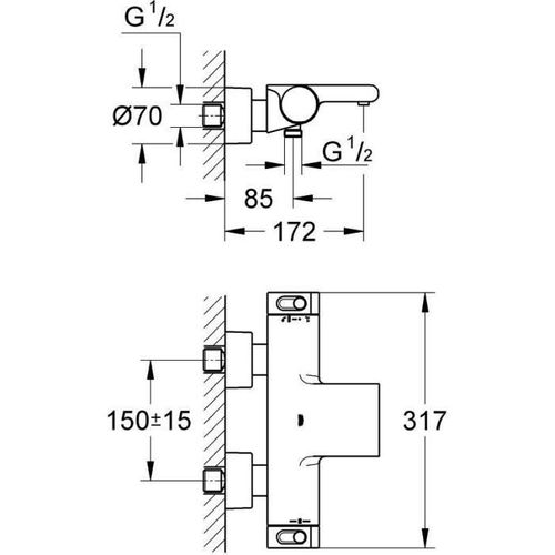 Mitigeur Mural Thermostatique Bain/douche ½ Grohtherm 2000 34174001 - Jet Cascade - Economie D'eau