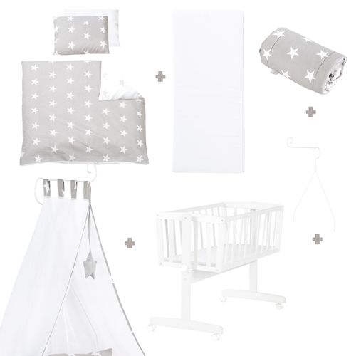 Berceau Bébé Little Stars Bois Blanc + Parure De Lit