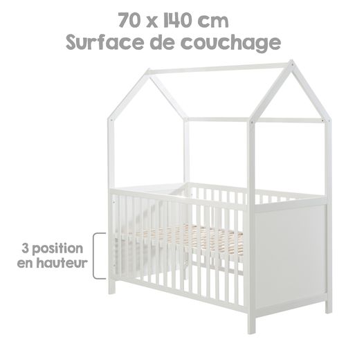 Lit Cabane Bébé Évolutif 70x140 - Convertible - Bois Blanc