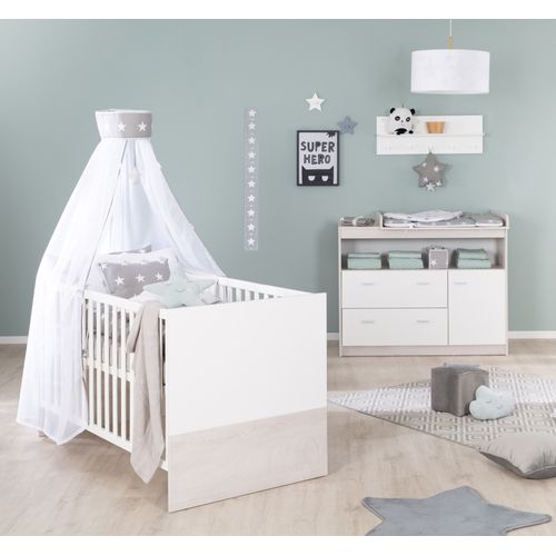Set De Meubles Pour Bébé Julia - Lit Bébé Évolutif + Commode à Langer - Blanc / Décor Chêne Blanchi