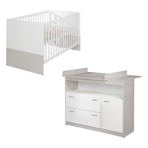 Set De Meubles Pour Bébé Julia - Lit Bébé Évolutif + Commode à Langer - Blanc / Décor Chêne Blanchi