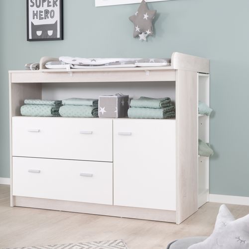 Set De Meubles Pour Bébé Julia - Lit Bébé Évolutif + Commode à Langer - Blanc / Décor Chêne Blanchi