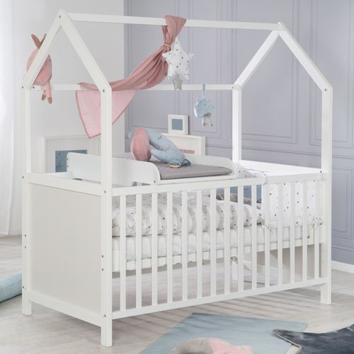 Lit Bébé Cabane 60x120 + Plan à Mettre Sur Le Lit + Matelas à Langer - Convertible - Bois Blanc