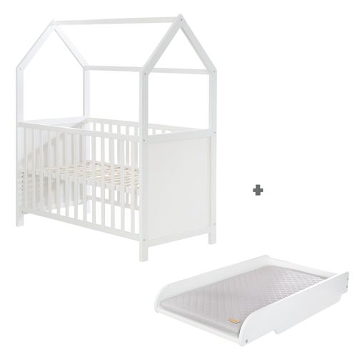 Lit Bébé Cabane 60x120 + Plan à Mettre Sur Le Lit + Matelas à Langer - Convertible - Bois Blanc