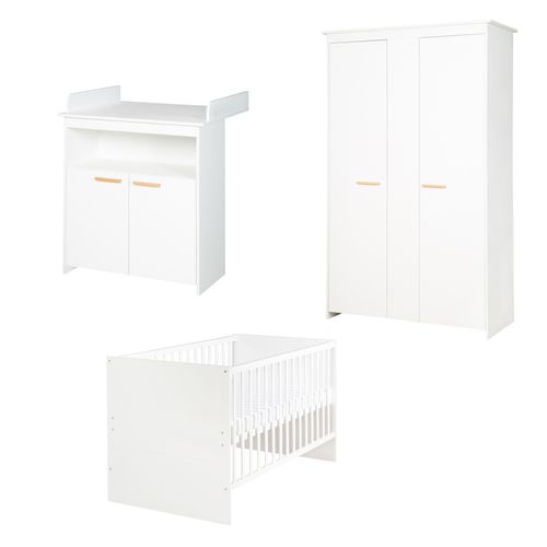 Chambre Bébé Complète Anton - Lit Évolutif 70 X 140 + Commode à Langer + Armoire 3 Portes - Blanc