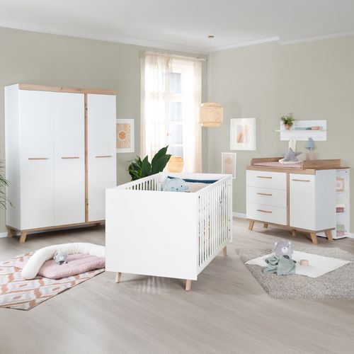 Lit Bébé Évolutif 70x140 Smile - Convertible - Hauteur Réglable - Pieds En Chêne - Bois Blanc