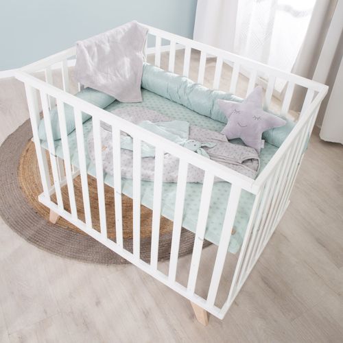 Parc Bébé 75x100 Scandinave Blanc + Tapis Vert En Coton Bio - Lil Planet