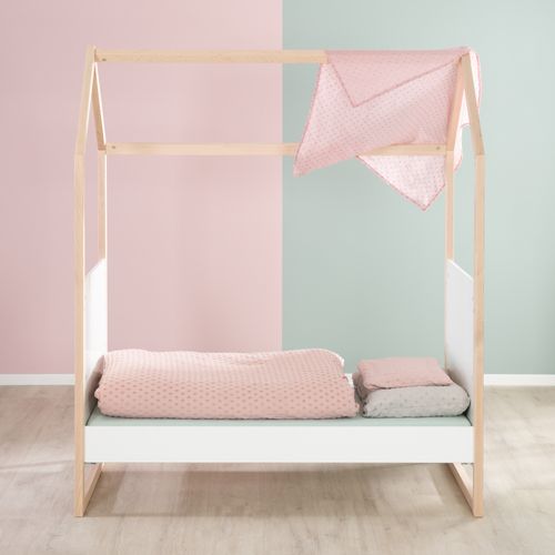 Lit Bébé Cabane Évolutif Bicolore 70 X 140 Cm - Convertible - Bois Blanc / Naturel
