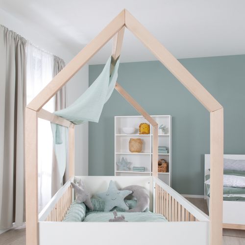 Lit Bébé Cabane Évolutif Bicolore 70 X 140 Cm - Convertible - Bois Blanc / Naturel