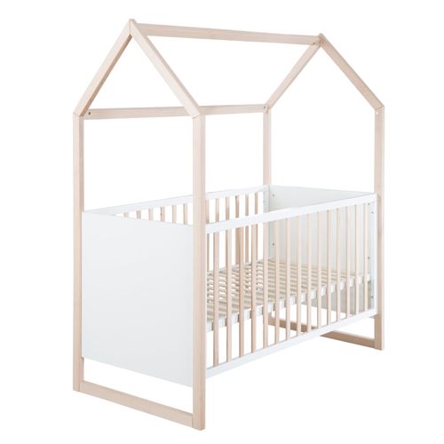 Lit Bébé Cabane Évolutif Bicolore 70 X 140 Cm - Convertible - Bois Blanc / Naturel