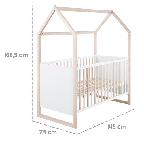 Lit Bébé Cabane Évolutif Bicolore 70 X 140 Cm - Convertible - Bois Blanc / Naturel
