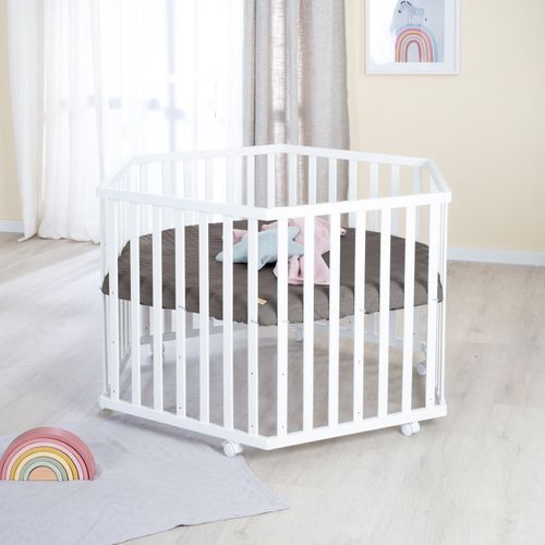 Parc Bébé Hexagonal Mobile Blanc + Tapis En Cuir Végan Anthracite - Graphite Matelassé