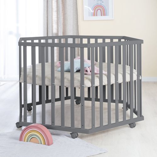 Parc Bébé Hexagonal Mobile Anthracite + Tapis En Cuir Végan Grège - Greyish Matelassé