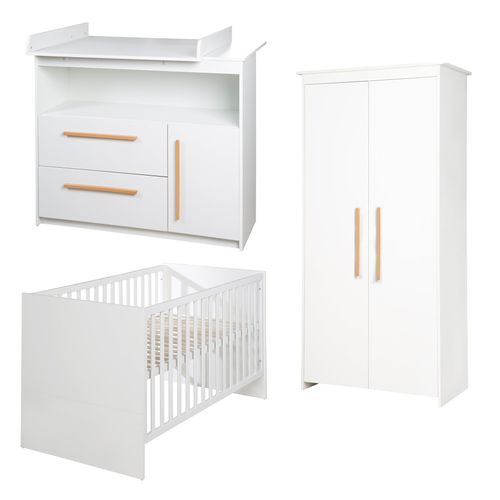 Chambre Complète De Bébé Lilo : Lit Évolutif + Commode à Langer + Armoire 2 Portes - Blanc Mat