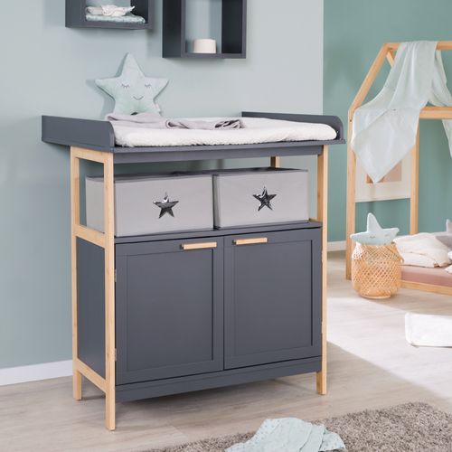 Commode à Langer Berlin - 2 Portes + 2 Boîtes De Rangement En Tissu - Anthracite / Bambou