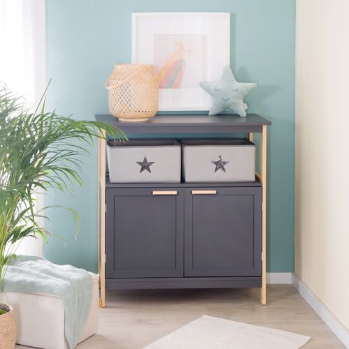Commode à Langer Berlin - 2 Portes + 2 Boîtes De Rangement En Tissu - Anthracite / Bambou