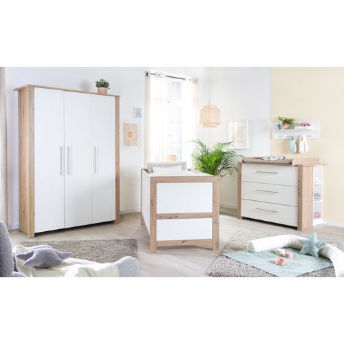 Chambre Bébé Complète Malo - Lit Évolutif 70x140 + Commode à Langer + Armoire - Blanc - Décor Chêne