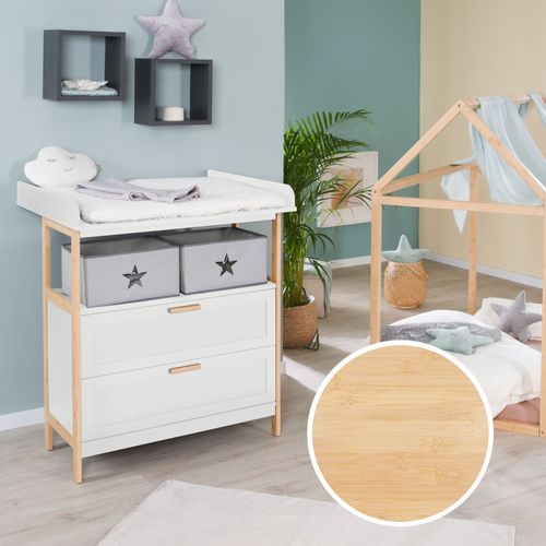 Commode à Langer Berlin - 2 Tiroirs + 2 Boîtes De Rangement En Tissu - Blanc / Bambou