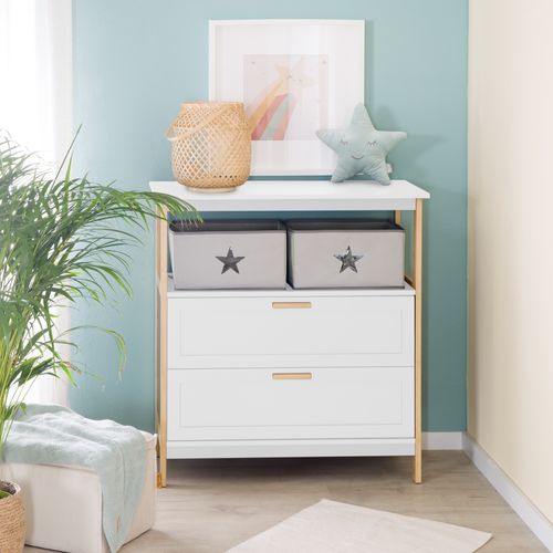 Commode à Langer Berlin - 2 Tiroirs + 2 Boîtes De Rangement En Tissu - Blanc / Bambou