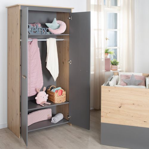 Armoire Bébé 2 Portes à Fermeture Douce Anthracite Et Chêne - Anna