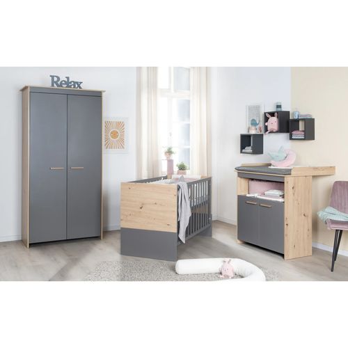 Chambre Bébé Complète - Armoire + Lit 60x120 + Commode à Langer - Anthracite Et Chêne - Anna