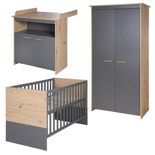 Chambre Bébé Complète - Armoire + Lit 60x120 + Commode à Langer - Anthracite Et Chêne - Anna