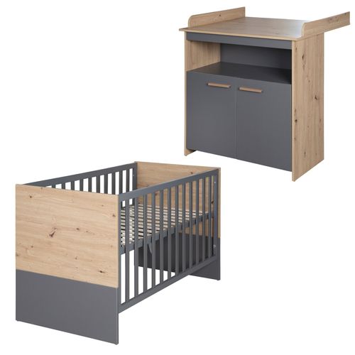 Chambre Bébé Modulable - Lit 60x120 Transformable + Commode à Langer - Anthracite Et Chêne - Anna