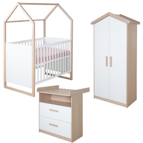 Chambre Bébé Complète - Armoire 2 Portes + Lit 60x120 + Commode à Langer - Blanc Et Chêne - Cabane